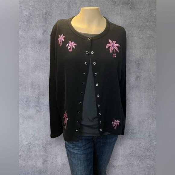 Reference Point Black Cardigan with Pink Palm Tree Embroidery - Size L - Picture 1 of 8